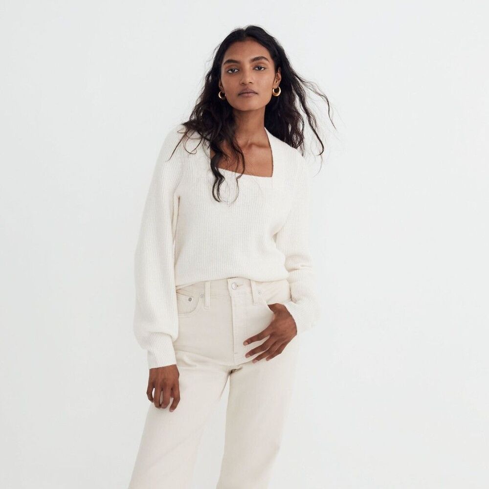 Madewell Melwood Square Neck Sweater Cream Ivory Coziest Yarn Preppy Women XXS